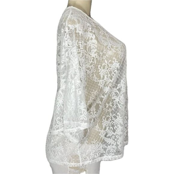 Bobeau L White Crew Neckline Sheer Lace Relaxed Fit 3/4 Bell Sleeve Blouse - Picture 3 of 6